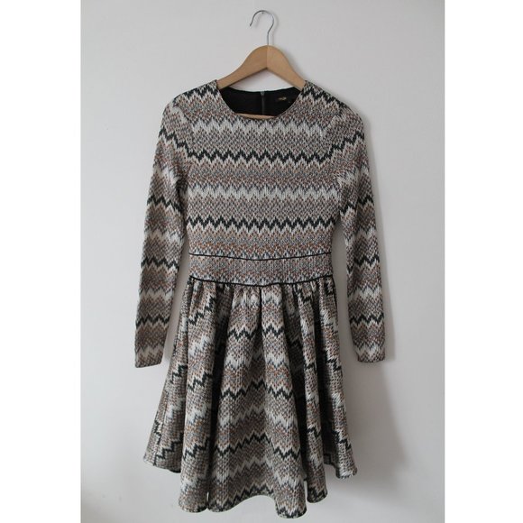 Maje Royaume Fit and Flare Dress / 2 Medium / Ecru Zigzag Pattern Mini - Picture 5 of 13